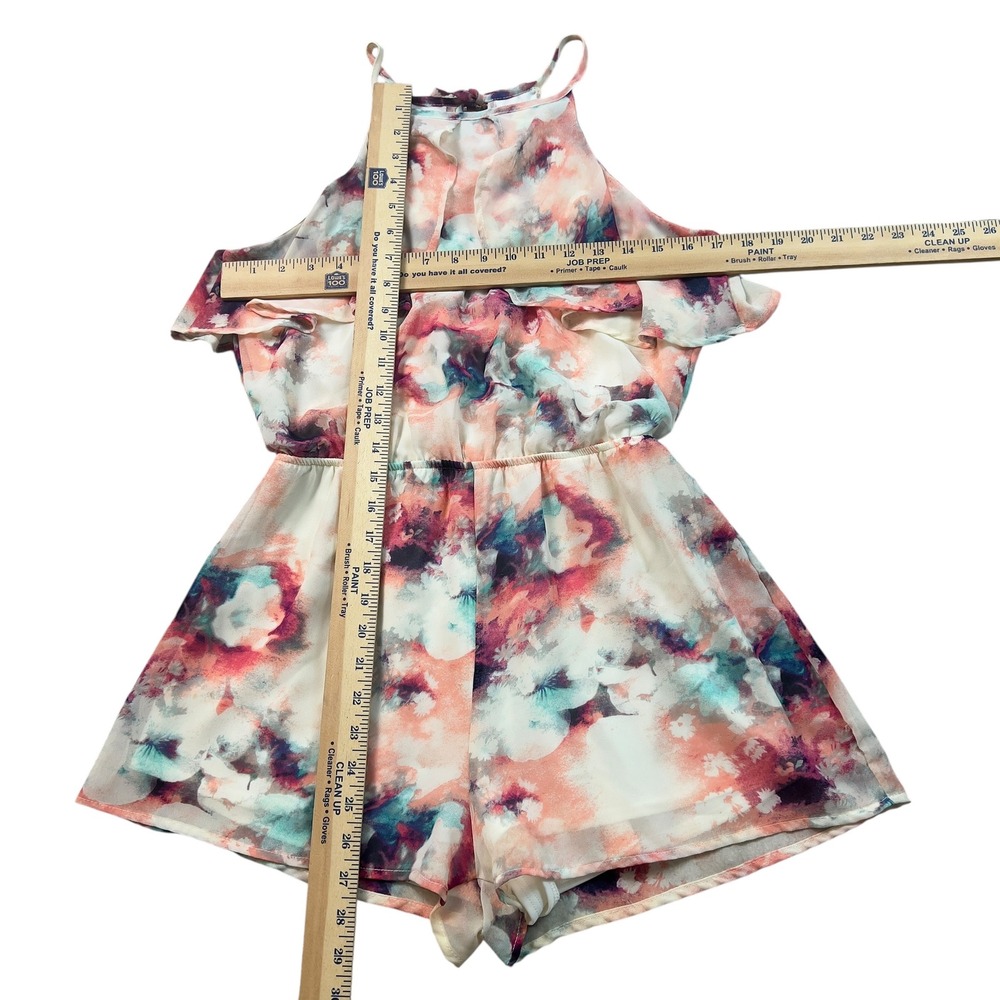 Peach Love California Watercolor Floral Cold Shoulder Romper Peach Teal Small - Picture 10 of 10